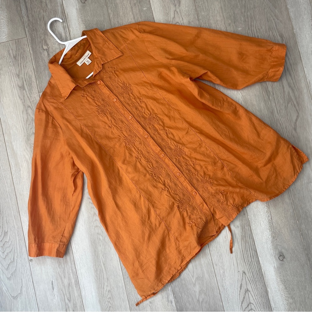 Coldwater Creek Shirt ramie floral embroidered button up womens Orange (size 1x)